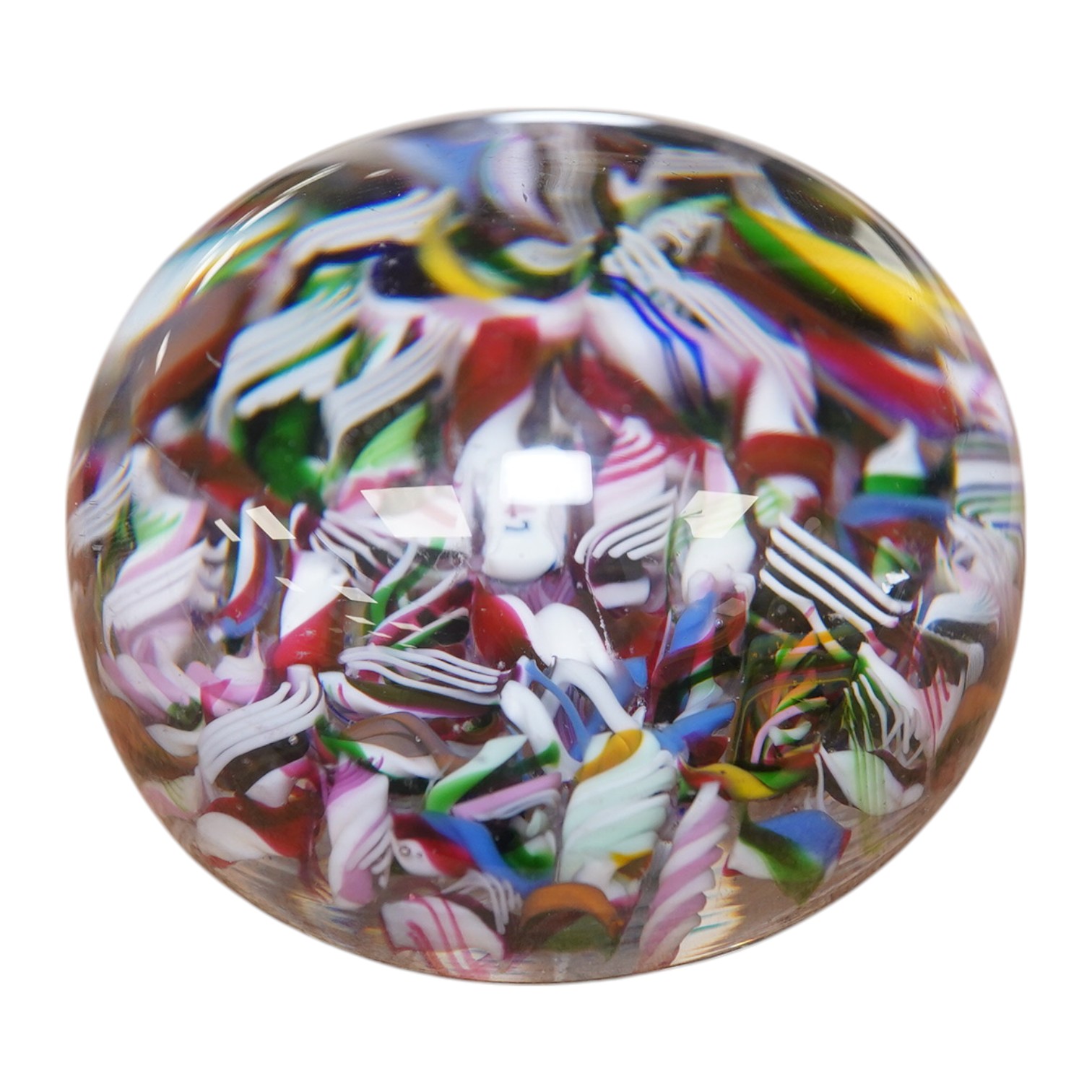 A scrambled millefiori paperweight, with cane bearing date 1847, 6cm in diameter. Condition - good, minor scuffs